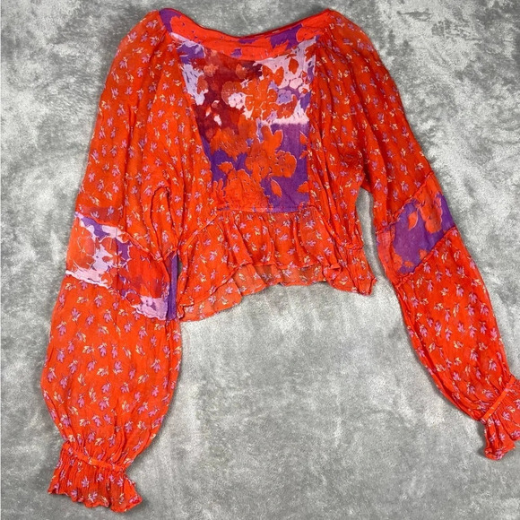 Free People Blouse Womens Small Red Floral Sheer Artsy Boho Ruffle Watercolor - Picture 5 of 14